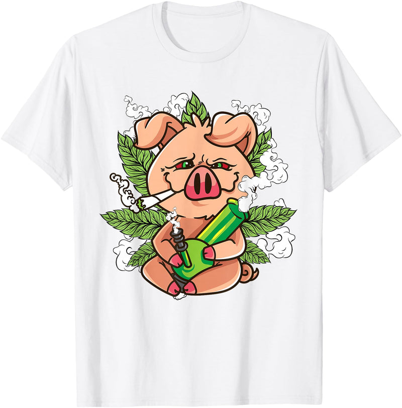 Weed Lover Gifts Funny Pot Smoker Gifts Pig Lover Pig Smoking Joint Holding Weed Bong Pig Marijuana T-Shirt - White