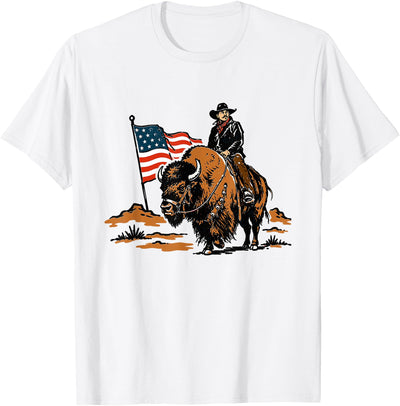 American Cowboy Bison Rodeo Patriotic 4th of July Retro Western T-Shirt