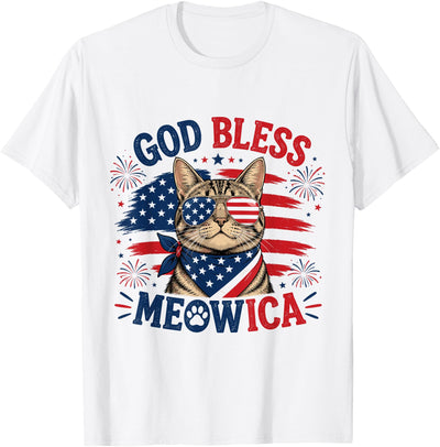 Meowica Cat 4th Of July USA Gifts God Bless Meowica Funny Cat 4th of July USA Patriotic T-Shirt