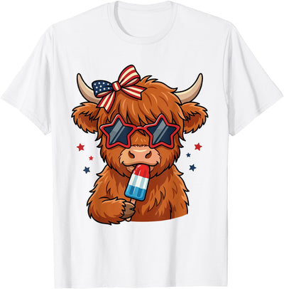 Patriotic Cow Summer Moo 4th of July Highland Cow Popsicle T-Shirt