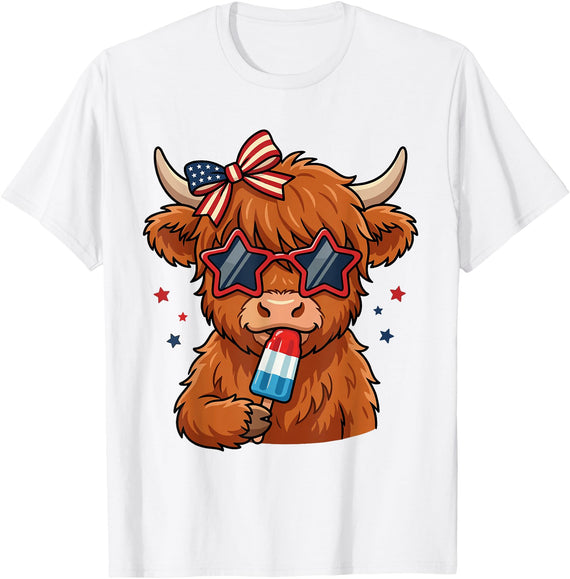 Patriotic Cow Summer Moo 4th of July Highland Cow Popsicle Star Sunglasses Cute USA T-Shirt - White
