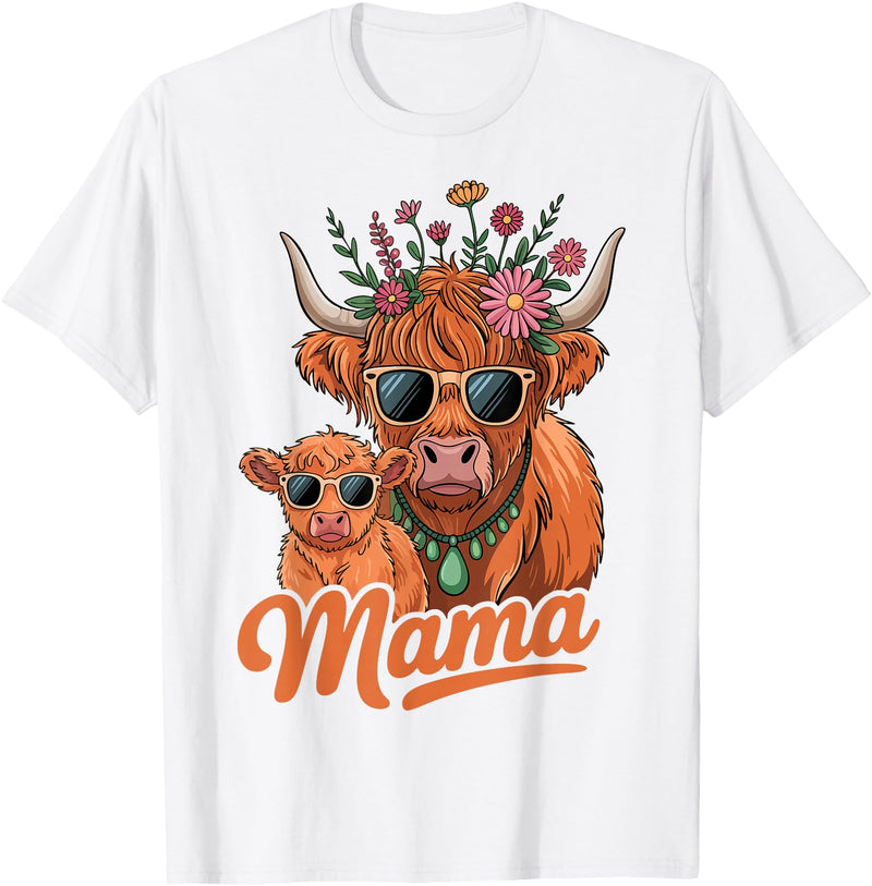 Scottish Farm Matching Mom Daughter Highland Cow Highland Cow Mama Mom Baby Calf Daughter Floral Mothers Day T-Shirt - White