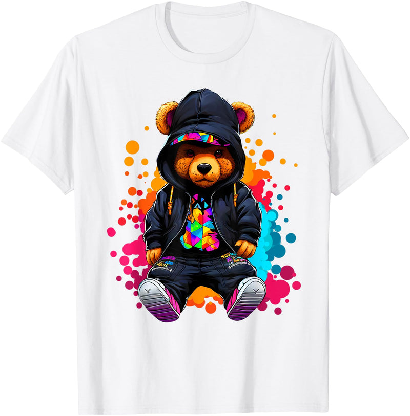 Hip Hop Teddy Bear Aesthetic Wear Co. Hip Hop Bear Colorful Teddy Bear With Hoodie Baseball Cap T-Shirt - White