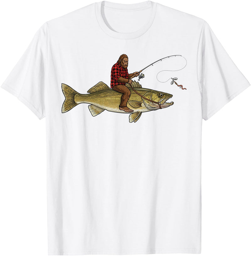 Northern Outdoor Walleye Collection Walleye Fishing Bigfoot Riding Fisherman Funny Angler T-Shirt - White