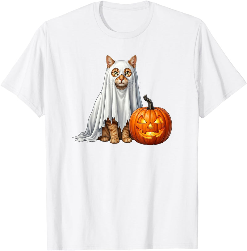 Cute & Funny Spooky Cat and Pumpkin Halloween Orange Cat Ghost and Jack-O-Lantern Halloween T-Shirt - White