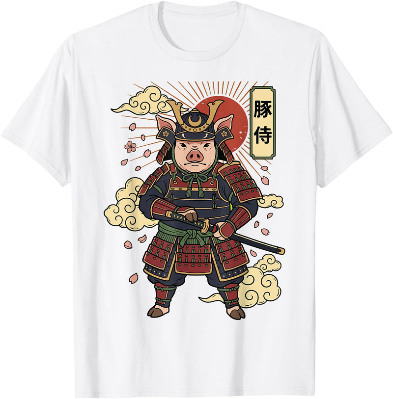 Samurai Pig Anime Japan Pig Samurai Japanese Warrior T-Shirt - White