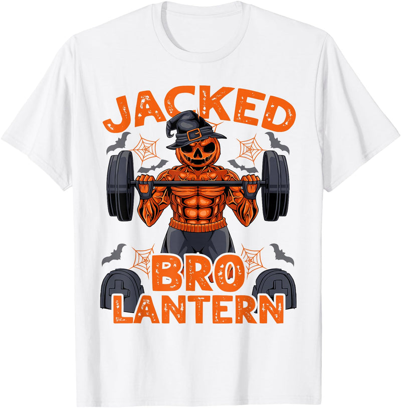 Halloween Muscle BodybuildIng Jack O'Lantern Jacked Bro Lantern Halloween Pumpkin Weightlifting Gym Men T-Shirt - White