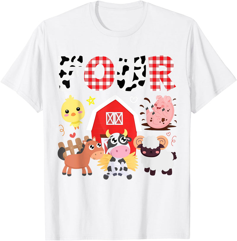 Farm Animals Cow Themed Birthday Party Family Tees 4th Birthday Four Year Old Farm Theme Animals Birthday Party T-Shirt -