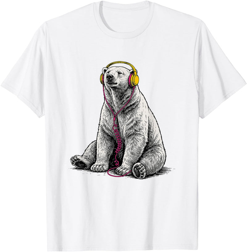 Arctic Wildlife Music Lover Designs Polar Bear Headphones Music Lover Funny Arctic DJ T-Shirt - White
