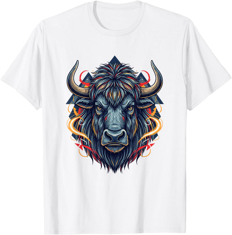 Wild Buffalo Bison Tribal Western Spirit Fierce Wild Bison Head Tribal Geometric Buffalo T-Shirt - White