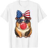 Cute Guinea Pig Bubble Gum Coquette Bow Girls Kids Patriotic Guinea Pig 4th of July Bow American Flag Girls T-Shirt - White