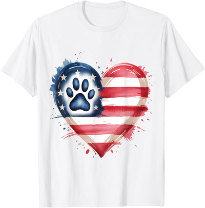 4th Of July Love Dog Paw Heart Print Puppy Lover American Flag Patriotic Dog And Cat Paw Print 4th Of July T-Shirt