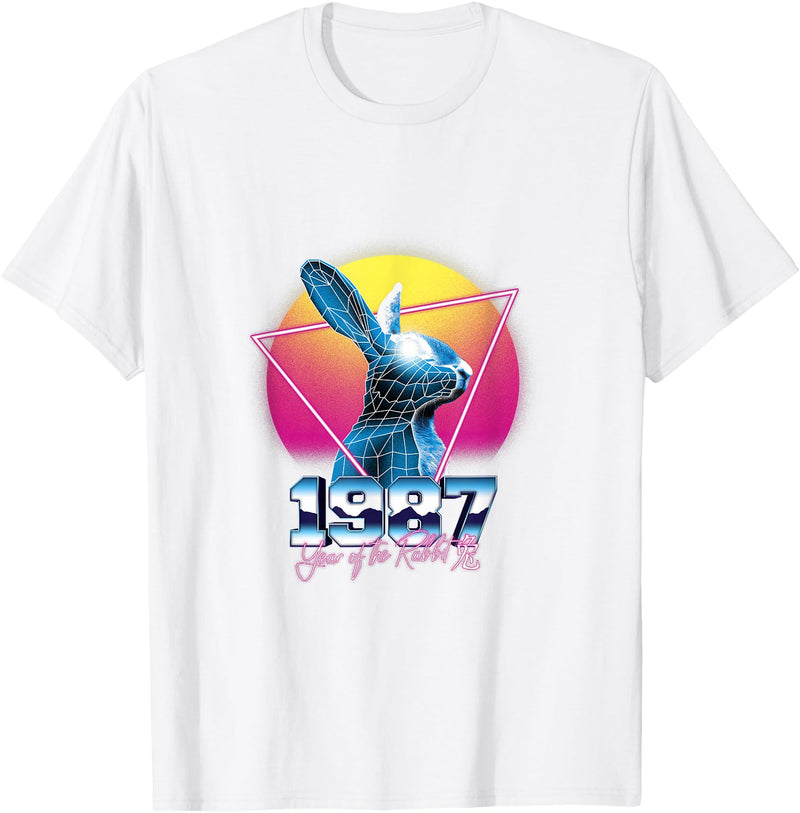 Chinese Year of Rabbit 1987 Birthday Zodiac Retrowave Retro T-Shirt in White