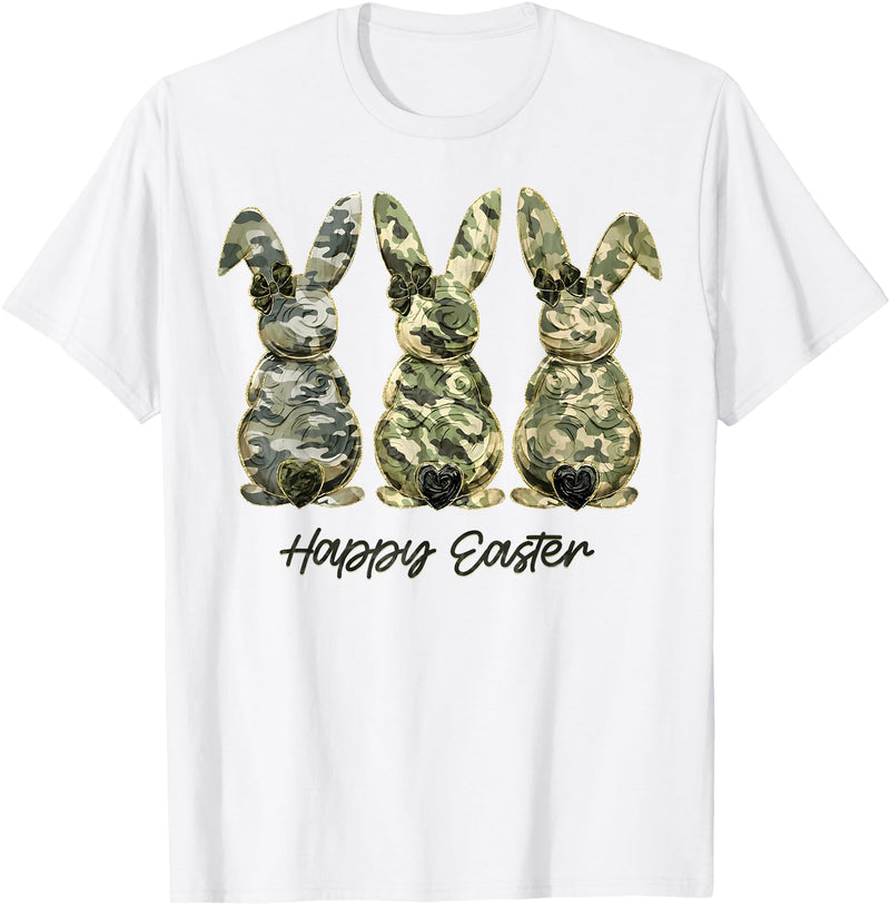 Happy Easter Camo Bunny Rabbit Coquette Bow Hunting Lover T-Shirt in White