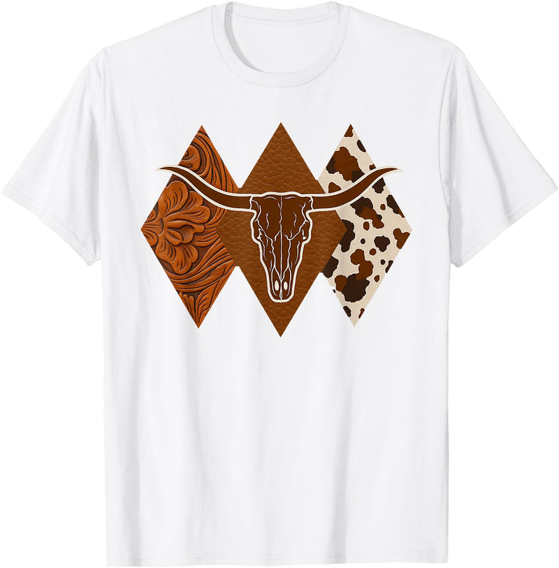 Boho Bull Skull Rodeo Culture Cowgirl Cowboy Gifts Boho Cow Skull Western Country Longhorn Country Concert T-Shirt - White