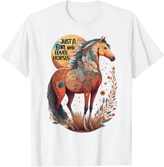 Just a girl who loves horses Co. Just a Girl who Loves Horses - Bohemian Horse Lover Themed T-Shirt - White