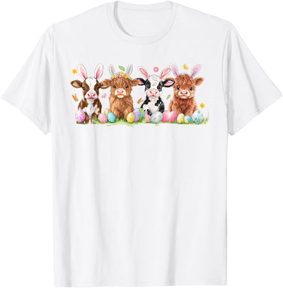 Cute Bunny Highland Cow Retro Farmer Western Easter Day T-Shirt