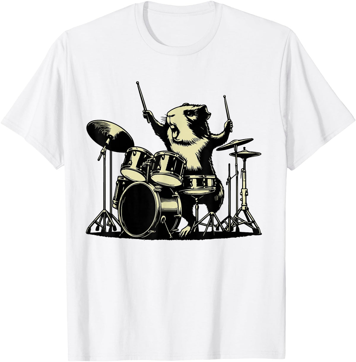 Retro Drummer Guinea Pig Lover Rock Design Guinea Pig Drummer Rock Drummer Guinea Pig Playing Drums T-Shirt - White