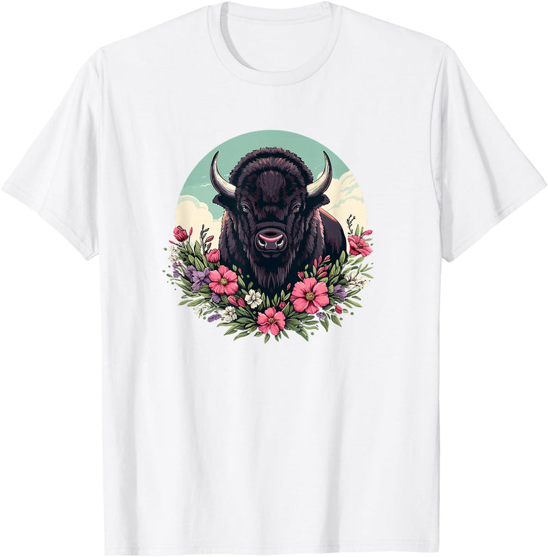 Wild Plains Buffalo Bison Gifts T Shirts & Hoodies Womens Girls Old West Retro Vintage Floral Buffalo Lover T-Shirt - White