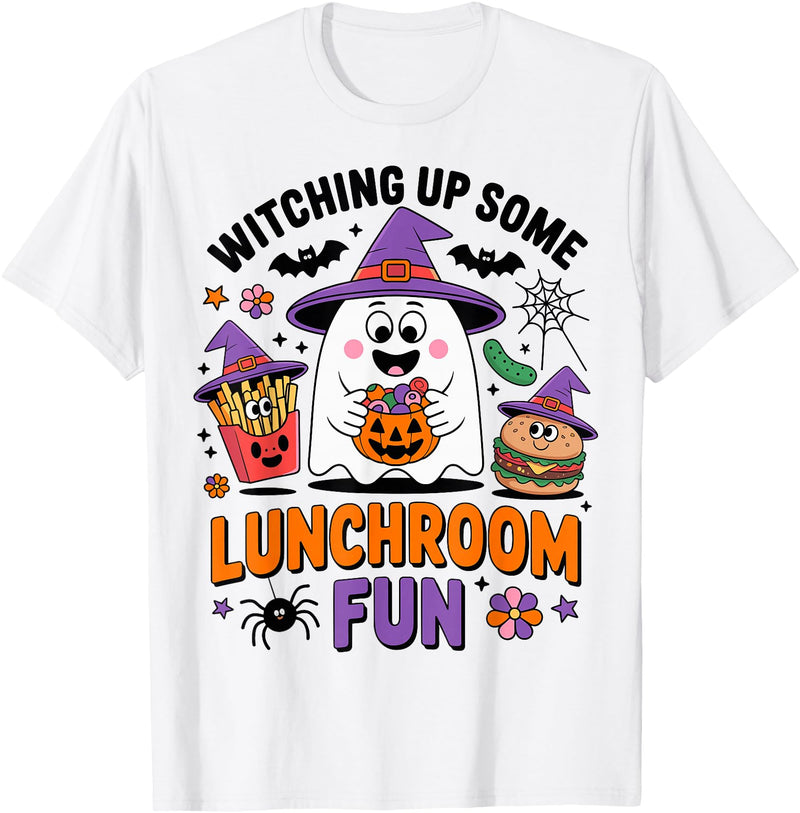 Lunch Lady Halloween Gifts Co. Witching Up Some Lunchroom Fun Lunch Lady Spooky Halloween T-Shirt - White
