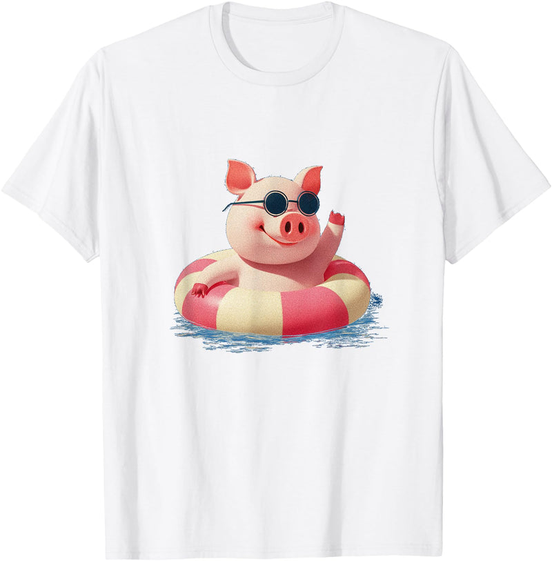 Vacation Pig Outfit Pig Sunglasses Graphic with Beach Ring T-Shirt - White