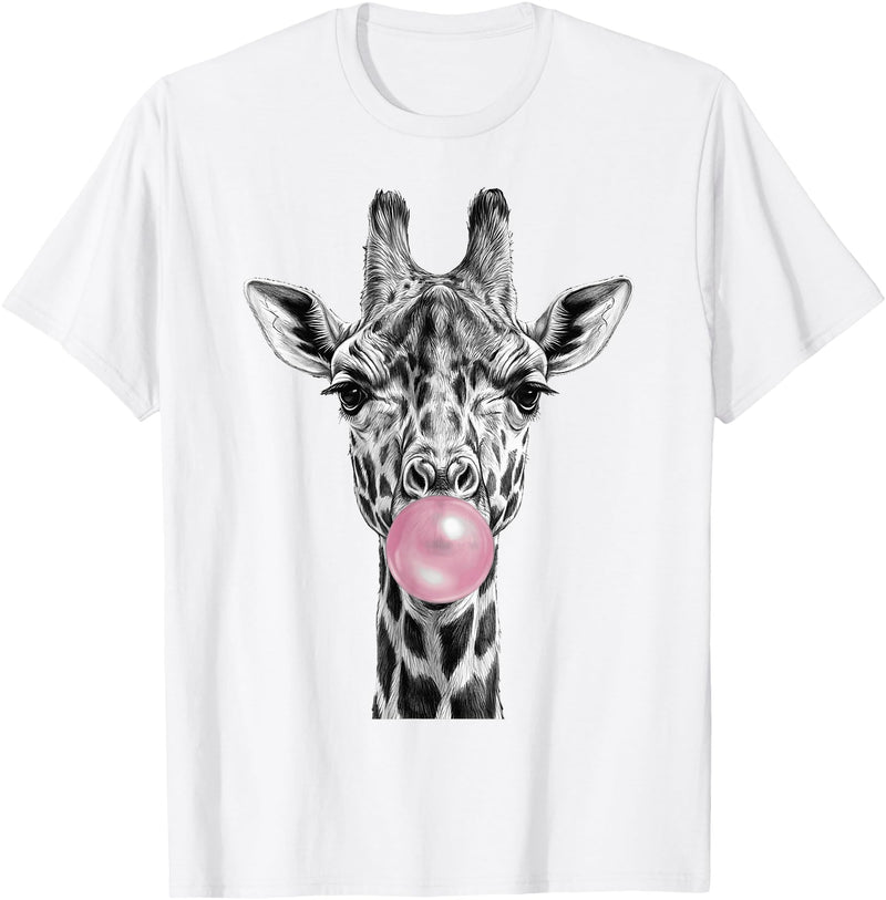 Wild Bubble Art Cool Giraffe Blowing Pink Bubblegum Sketch Art T-Shirt - White