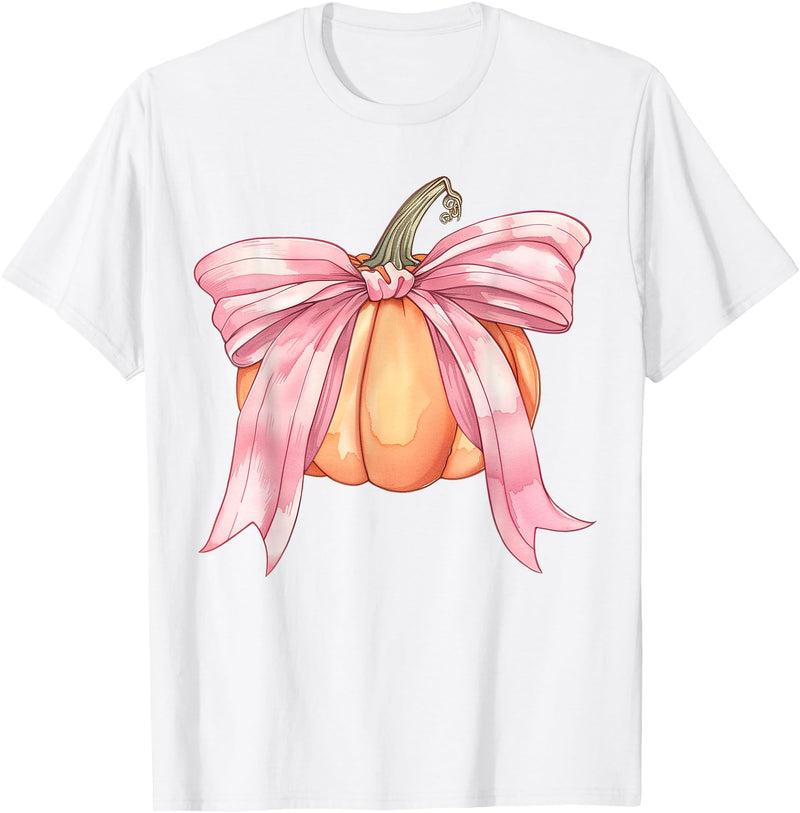 Coquette Halloween Tees NYC Coquette Autumn Pumpkin Pink Bow Girly Halloween Fall Women T-Shirt - White