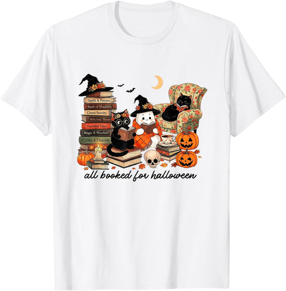 Halloween Pumpkin Spooky Season Fall Vibes Apparel All Booked for Halloween Black-Cat Ghost Reading Book Lovers T-Shirt -