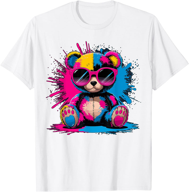 Magical and Funny Bear lover Gifts Colorful Teddy Bear with Sunglasses T-Shirt - White
