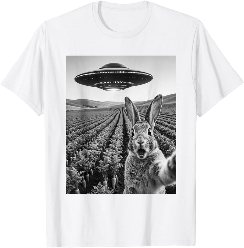 Rabbit Selfie with Alien UFO Funny Rabbit Lover Men Women T-Shirt in White