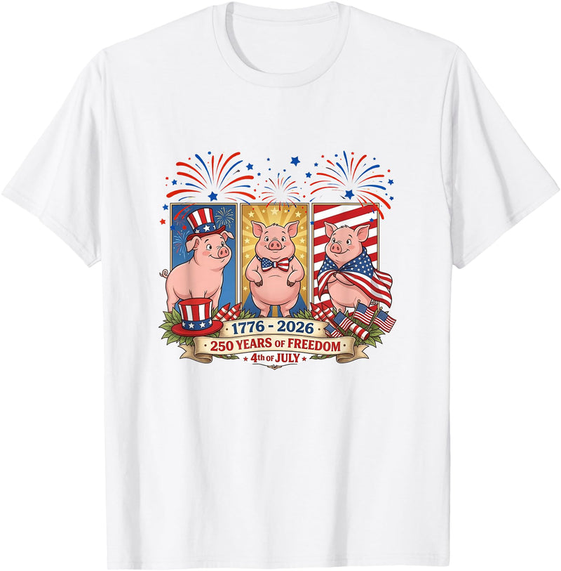 Farmer 4th Of July Costume 1776-2026 Proud 250th Freedom 4th July Three Cute Pigs T-Shirt - White