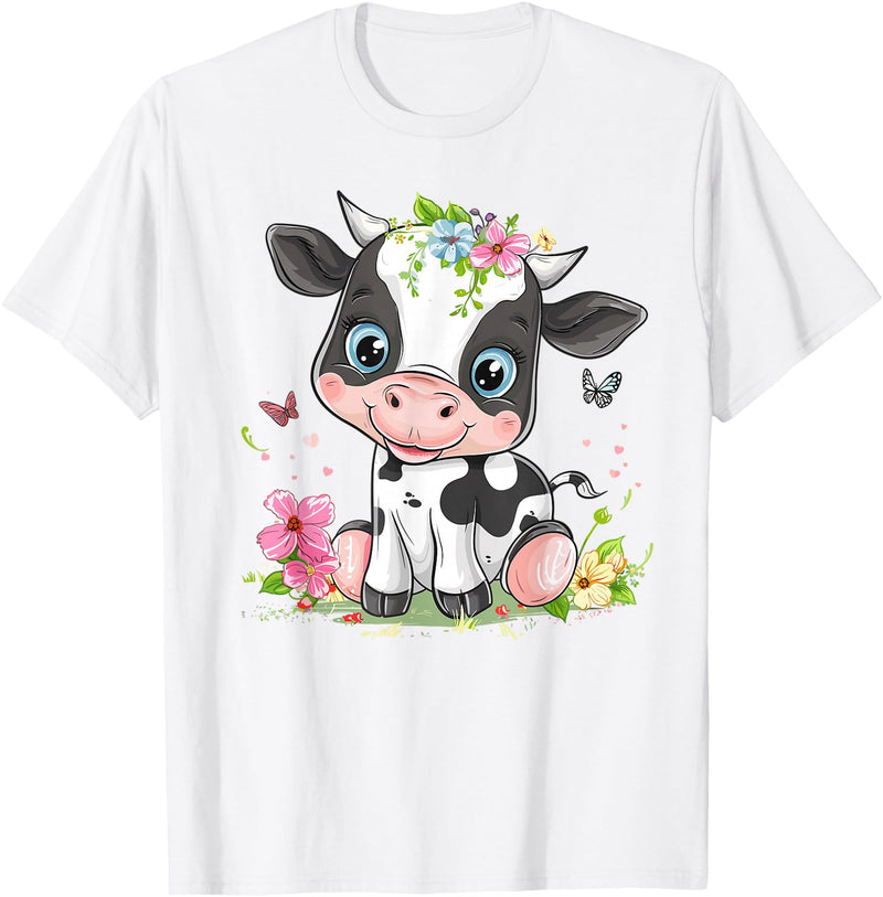 Colorful Cow Art I Cartoon Cow Cute Cow With Flowers I Kids Cow T-Shirt - White