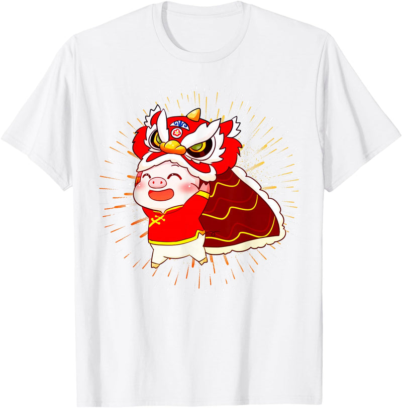Funny Pig Chinese New Year Celebration Funny Pig Chinese New Year Lion Dancing Piggy T-Shirt - White