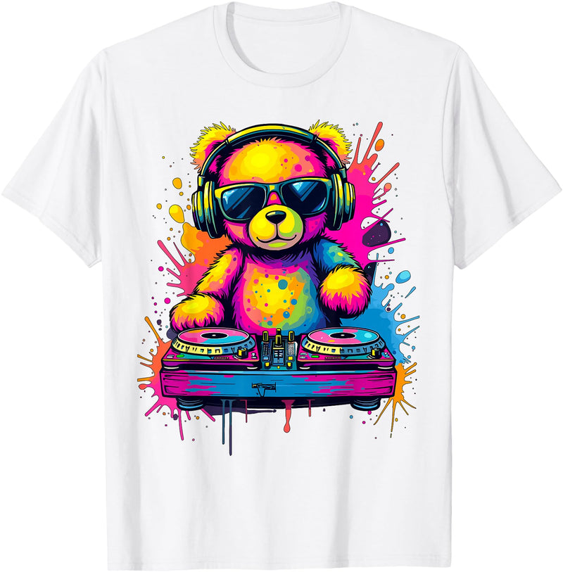 Magical and Funny DJ Gifts Colorful DJ Teddy Bear T-Shirt, Unisex-Kids, Black, Small, Long Sleeve, Classic Fit, Polyester 100% - White