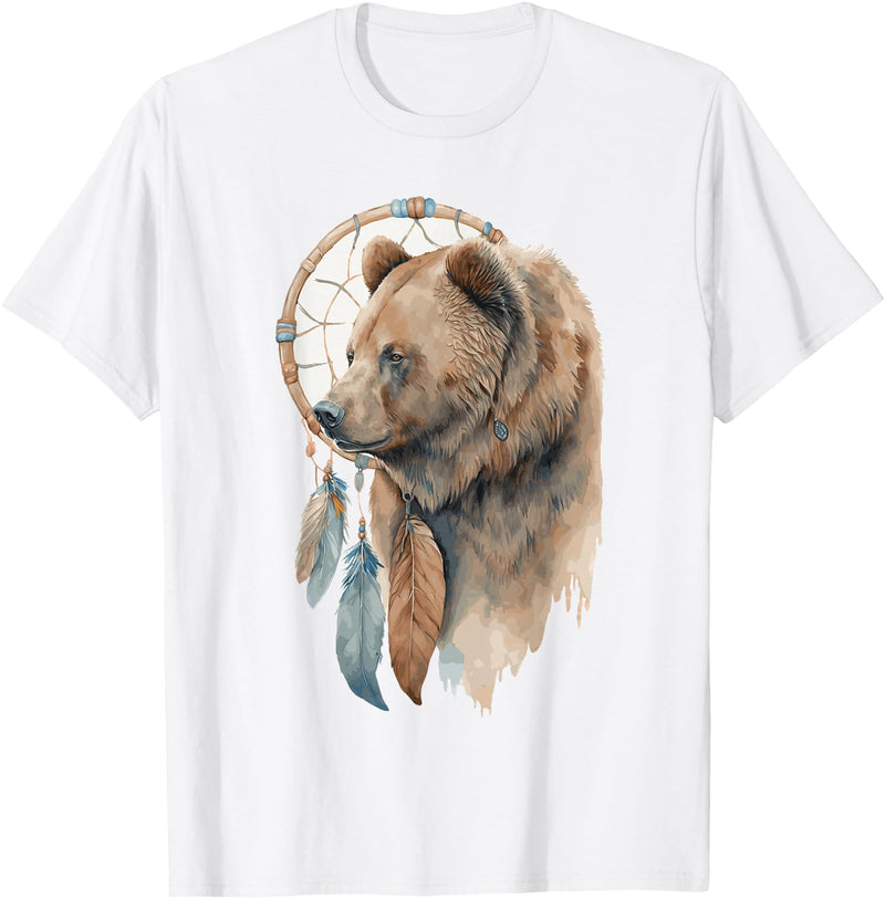 More Tribal Native American Totem Animal Art Bear Tribal Watercolor Bear Dream Catcher T-Shirt - White
