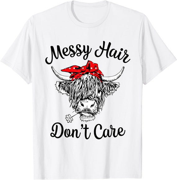 Highland Cow Cattle Bandana Messy Hair Women Girls Scottish Highland Cow Cattle Bandana Messy Hair Don't Care T-Shirt - White