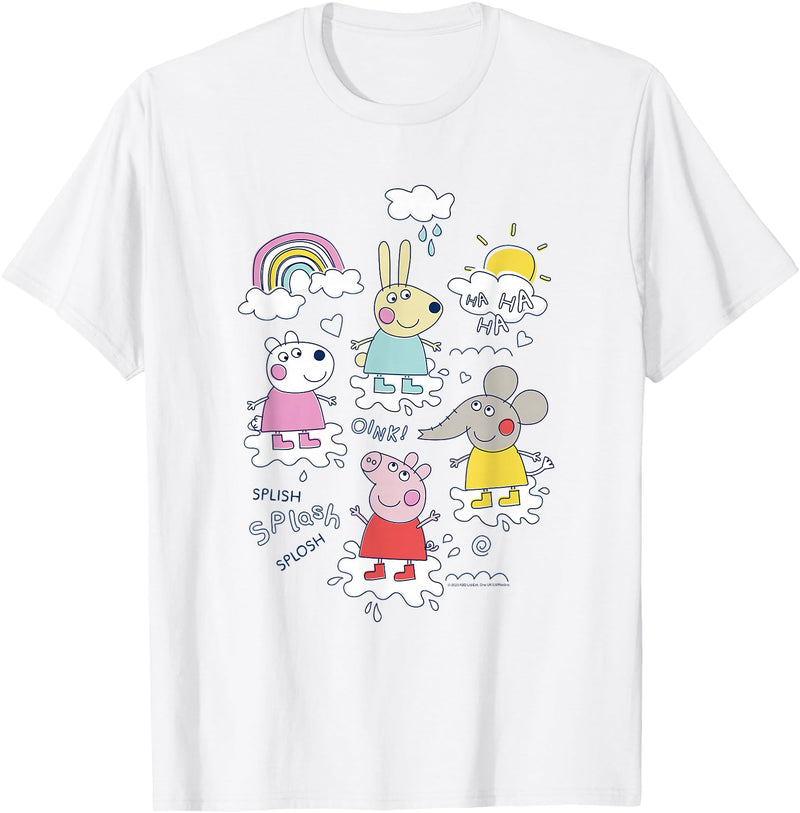 Peppa Pig Splish Splash Splosh Friends Playing In Puddles T-Shirt - White