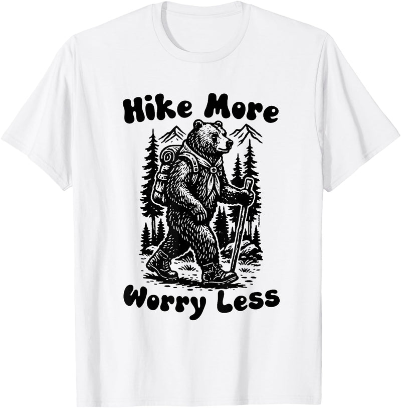 Outpost Scouting Gear by Giant Step Design Co. Hike More Worry Less Funny Cub Scouts BSA Hiking Bear T-Shirt - White