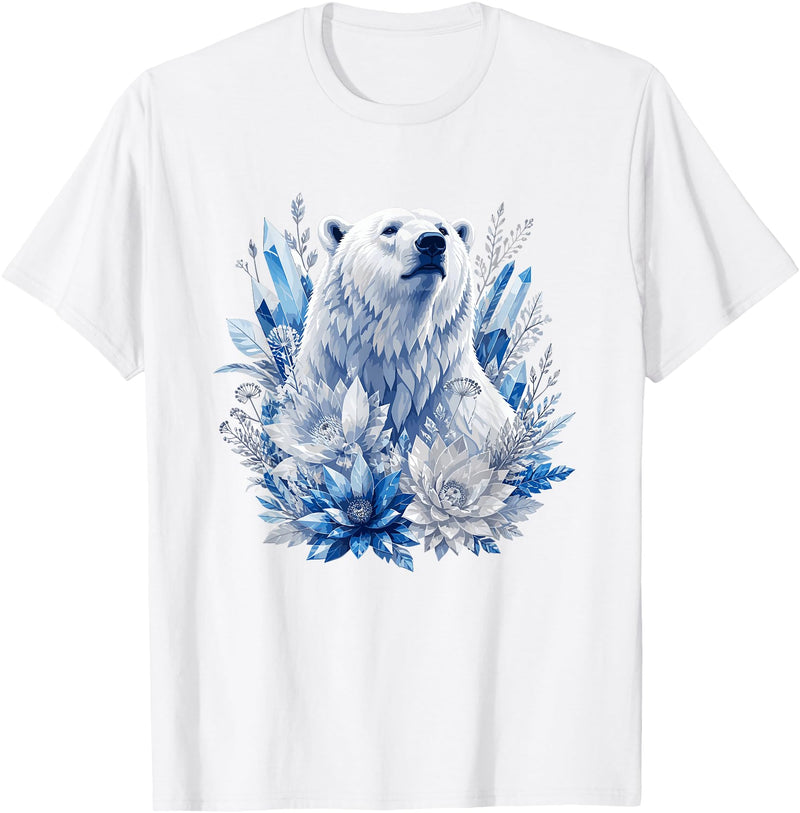Arctic Polar Bear Crystal Flowers Nature Majestic Arctic Polar Bear with Ice Flowers Fantasy T-Shirt - White