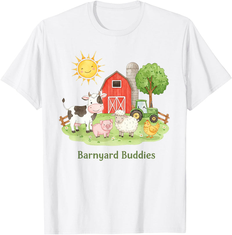 Little Barnyard Farm Apparel For Toddler & Kids Barnyard Buddies Cute Cow Sheep Pig Hen On The Farm Barnyard T-Shirt - White