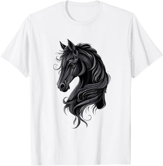 Artful Horse Designs Black Horse Portrait – Friesian Horse T-Shirt - White