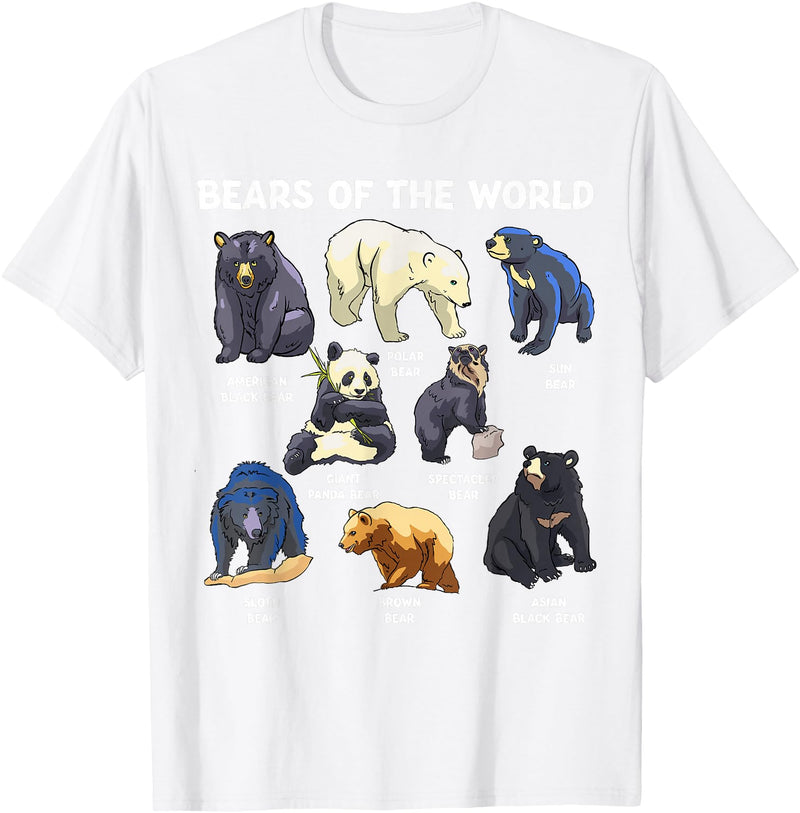 GoshWow Bears of The World Kawaii Types of Bears Wildlife Zoo Bear T-Shirt - White