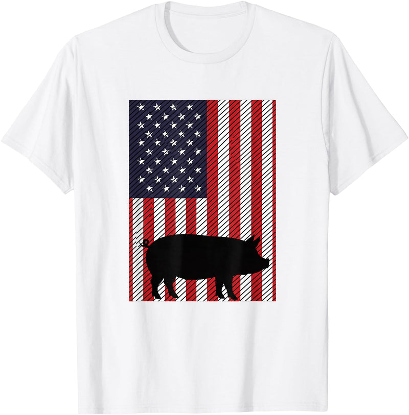 Farm Pig Patriotic United States Flag Kids Animal Patriotic Pig Silhouette American Flag Farm Kids Fourth T-Shirt - White