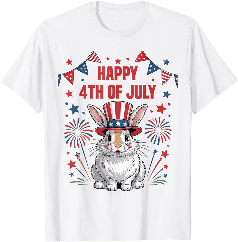 Happy 4th of July Patriotic Rabbit Animals Lovers Fireworks T-Shirt in White