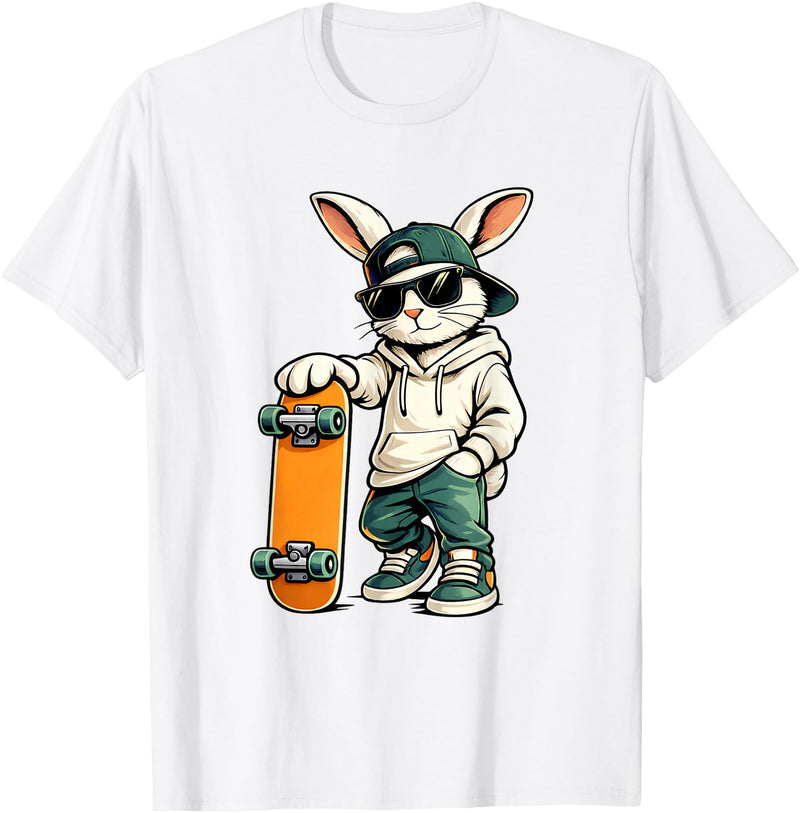 Easter Skater Bunny Skateboard Rabbit Skating Boys Kids Men T-Shirt in White