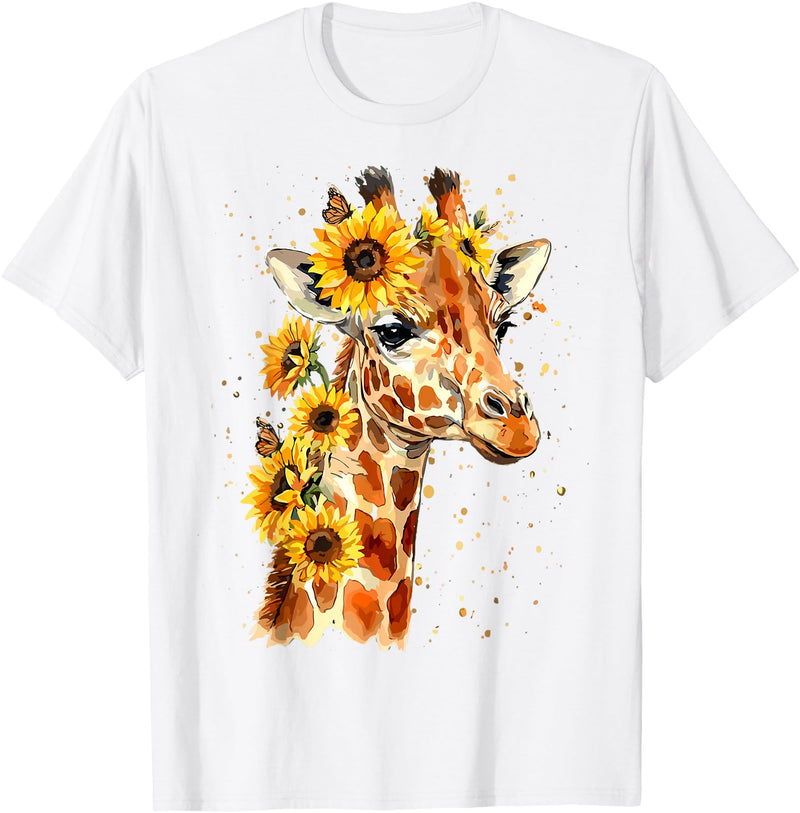 Funny Girl who loves Giraffe Sunflower Giraffe Cute Floral Safari Animal T-Shirt - White