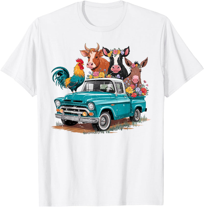 Farm Pickup Truck Farm animals Cow Girl Wife Tee Vintage Pickup Truck Farm Animals Rooster, Cow, Pig, Donkey T-Shirt - White