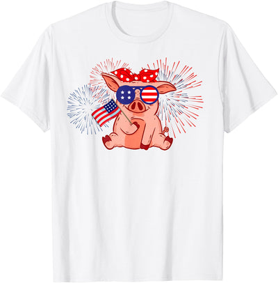 Cute Patriotic Pig with Glasses and Flag - 4th of July T-Shirt