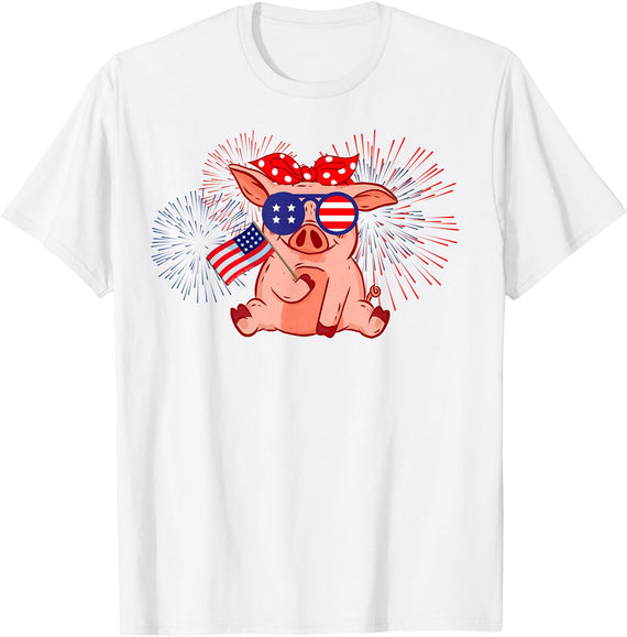 Your Country USA Dibble Dabble Designs Cute Patriotic Pig with Glasses and Flag - 4th of July T-Shirt - White