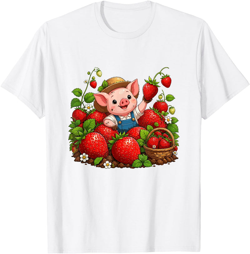 Kawaii Strawberry Piglet Farm Harvest Cute Farmer Pig Strawberry Patch Berry Picking T-Shirt - White